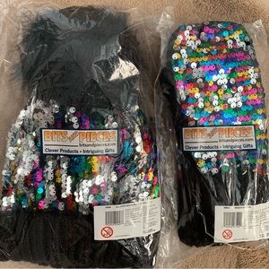 New Black Pom Pom Hat with Matching Mittens Sequins